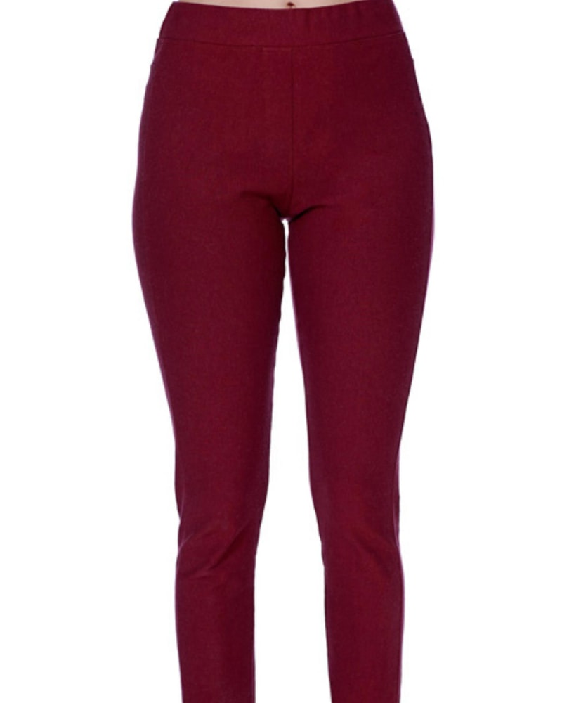 Front of a model wearing a size XL High Waisted Leggings In Wine in Wine by french kyss. | dia_product_style_image_id:360150